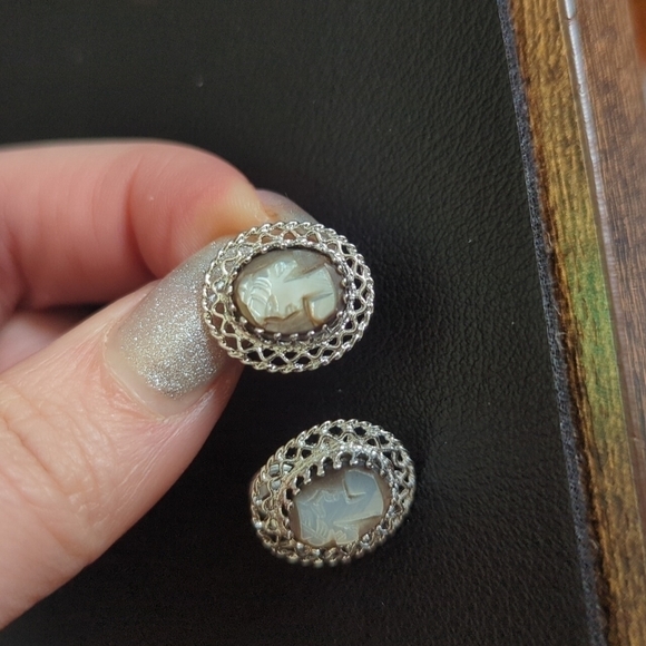 Gorgeous Ornate Sterling Silver Abalone Shell Cameo Pendant Pin Clip Earring Set - Picture 5 of 7